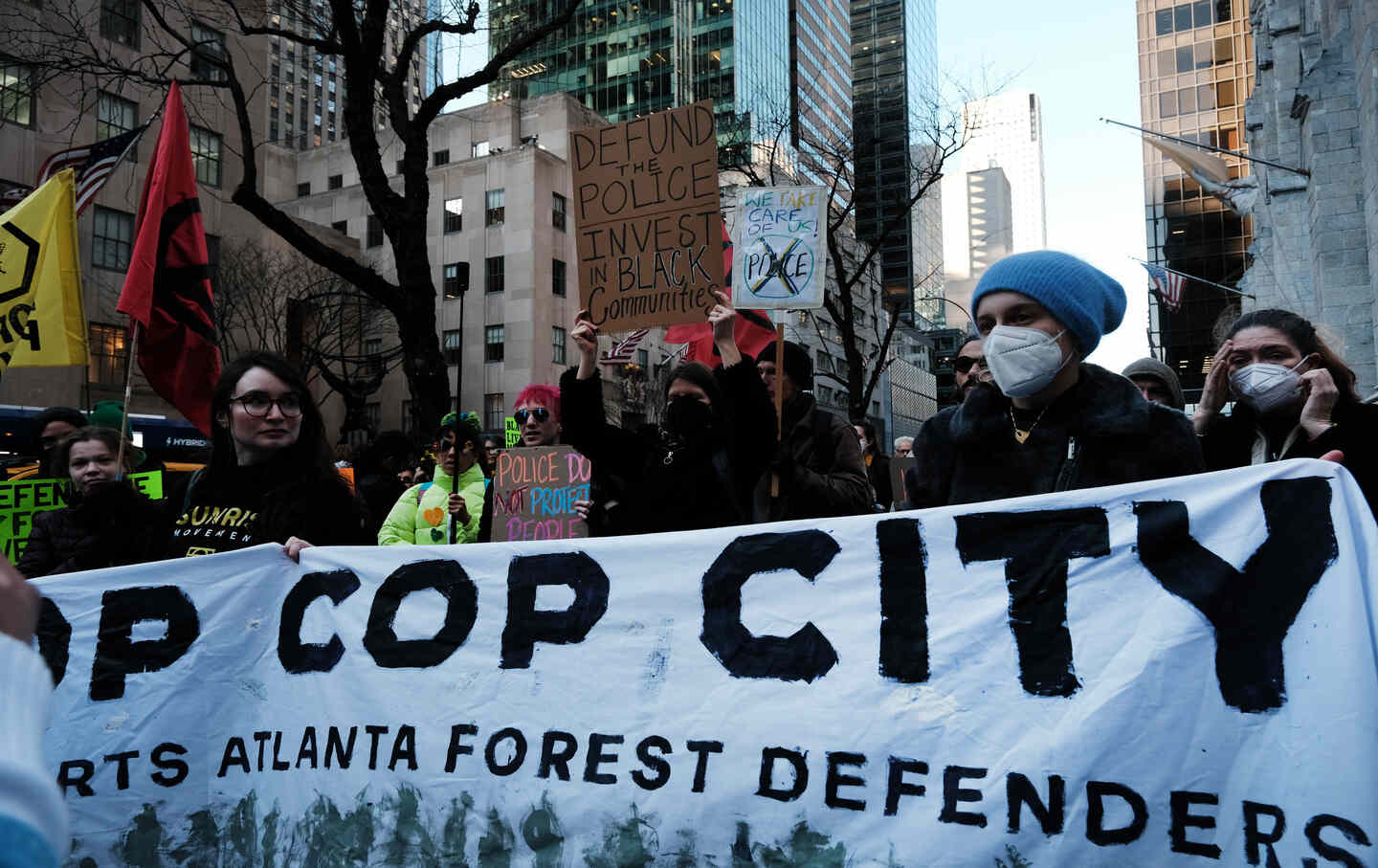 A protest against the proposed Cop City being built in an Atlanta forest on March 9, 2023, in New York City.