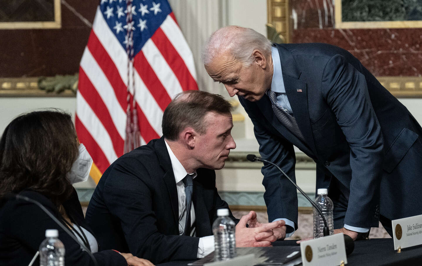 Joe Biden with national security adviser Jake Sullivan during a roundtable with Jewish community leaders on October 11, 2023, in Washington, DC.