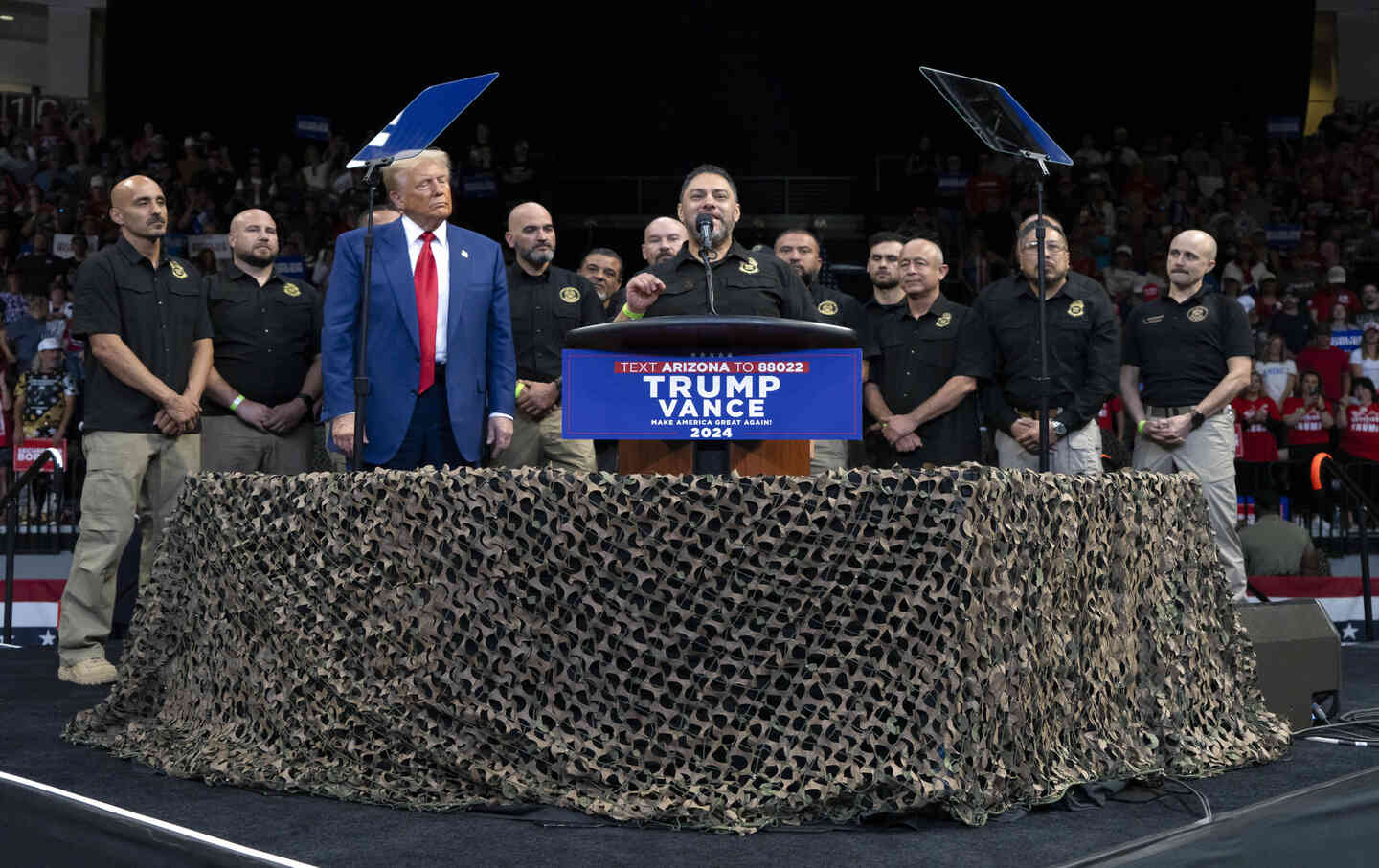 National Border Patrol Council President Paul Perez endorses Donald Trump during a campaign rally at Findlay Toyota Center on October 13, 2024, in Prescott Valley, Arizona.