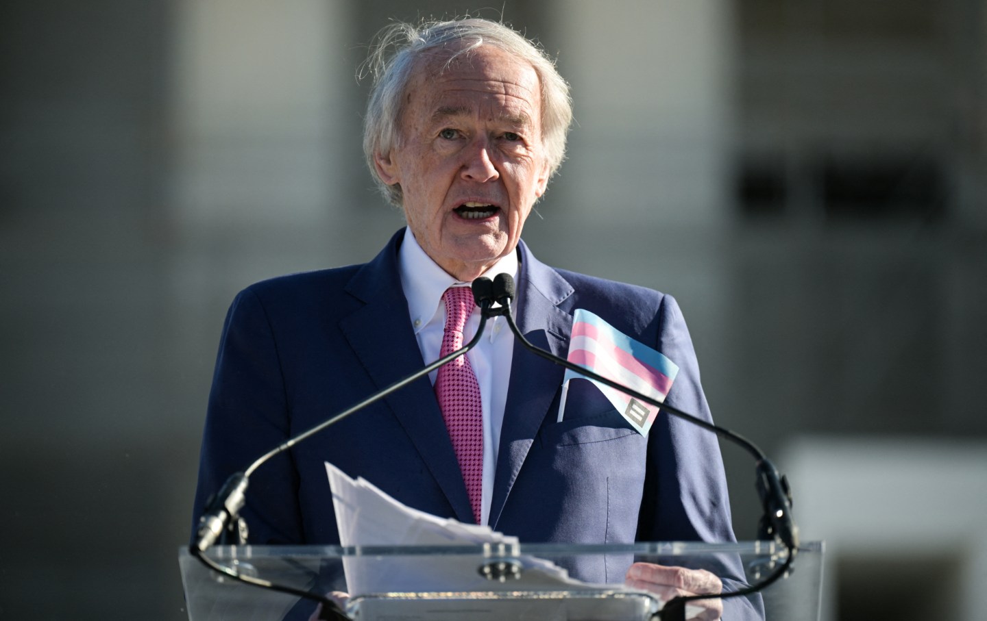Ed Markey, Democrat from Massachusetts, speaks outside the US Supreme Court as justices hear arguments in challenges to state bans on transgender athletes in women's sports on January 13, 2026.