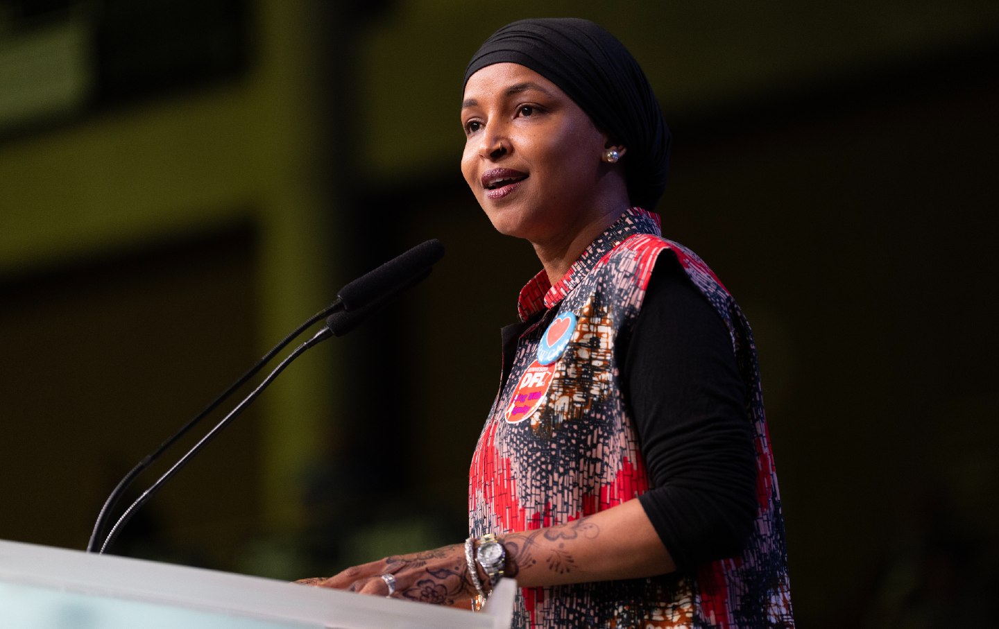 Ilhan Omar speaks during Day 2 of the Minnesota Democratic-Farmer-Labor (DFL) Party Convention in the Mayo Civic Center in Rochester, Minn. on Saturday, May 30, 2026.