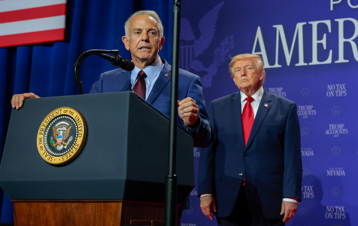Nevada Governor Joe Lombardo delivers remarks as President Donald Trump listens during an event at Red Rock Casino Resort and Spa on August 5, 2026, in Las Vegas, Nevada.