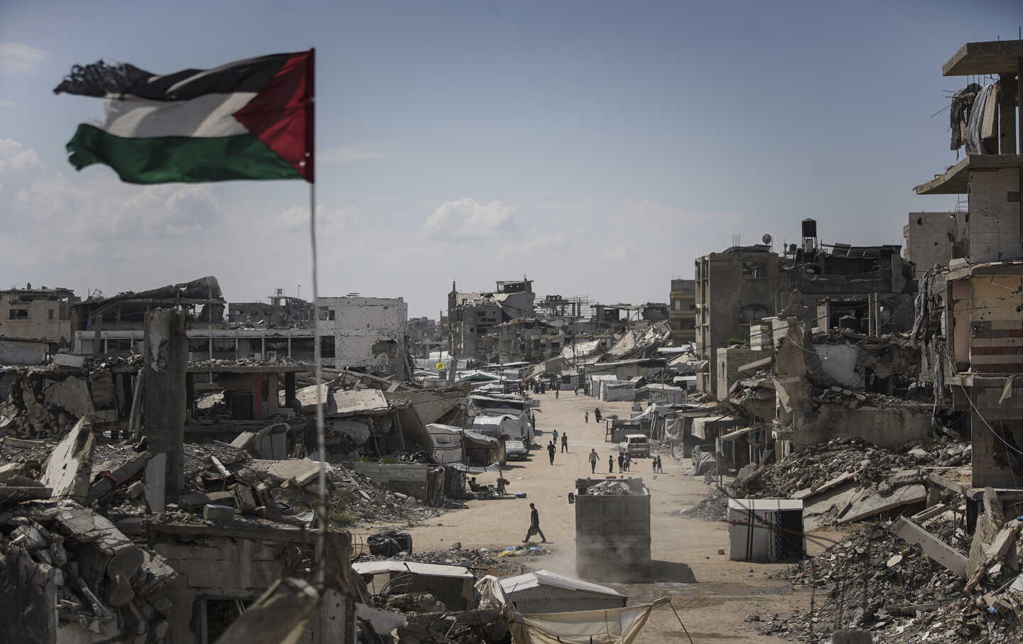 A Palestinian flag in the Mashrou' Beit Lahia area of Beit Lahia, northern Gaza Strip, on October 6, 2026.