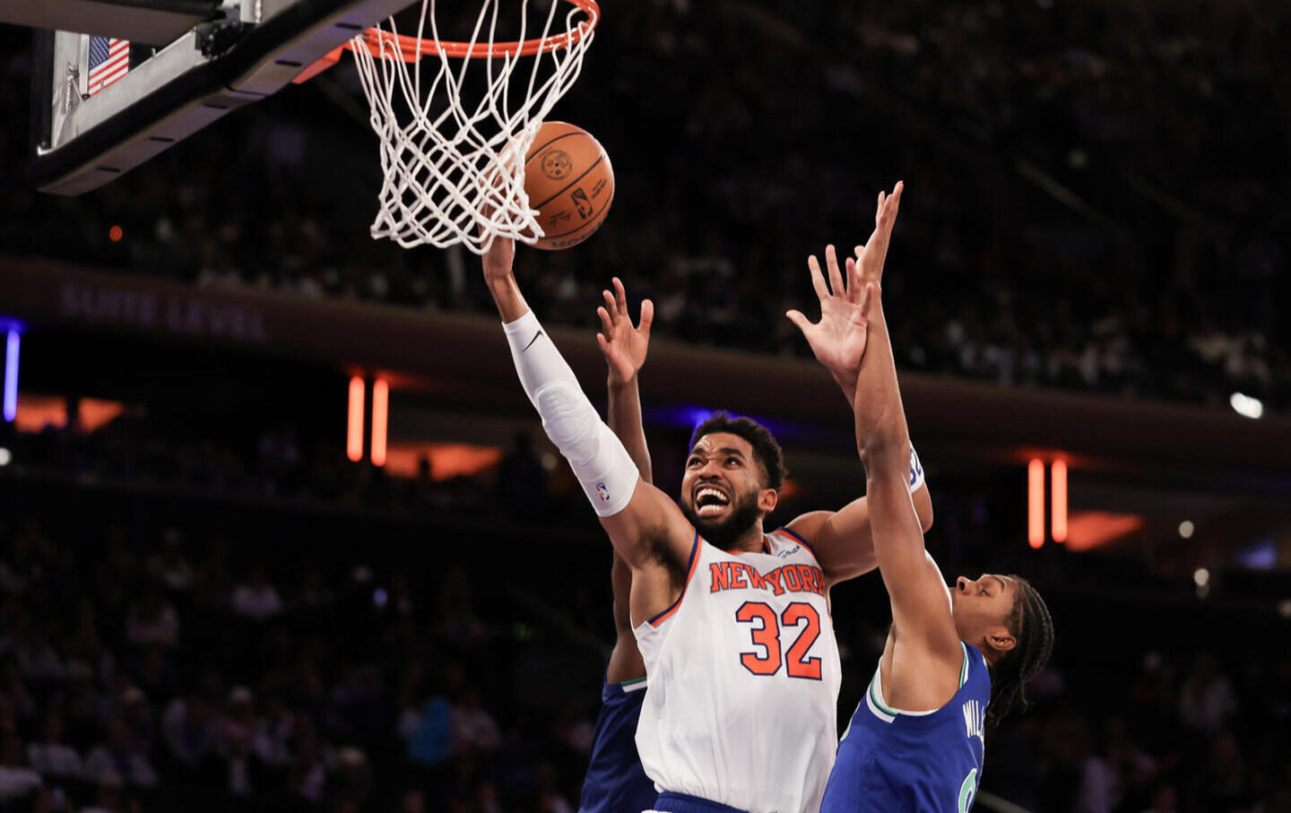 Karl-Anthony Towns of the New York Knicks shoots the ball against the Minnesota Timberwolves on October 12, 2026, in New York City.