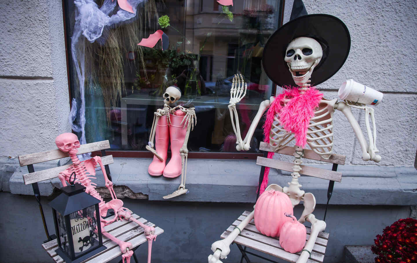 Halloween decorations are seen outside Flower Bar in Katowice, Poland, on October 25, 2026.