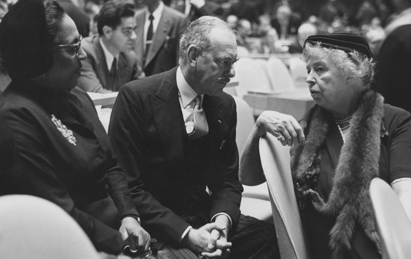 US Secretary of State Dean Acheson and US Delegate Eleanor Roosevelt attend the opening session of the UN General Assembly in New York City on October 16, 1952.