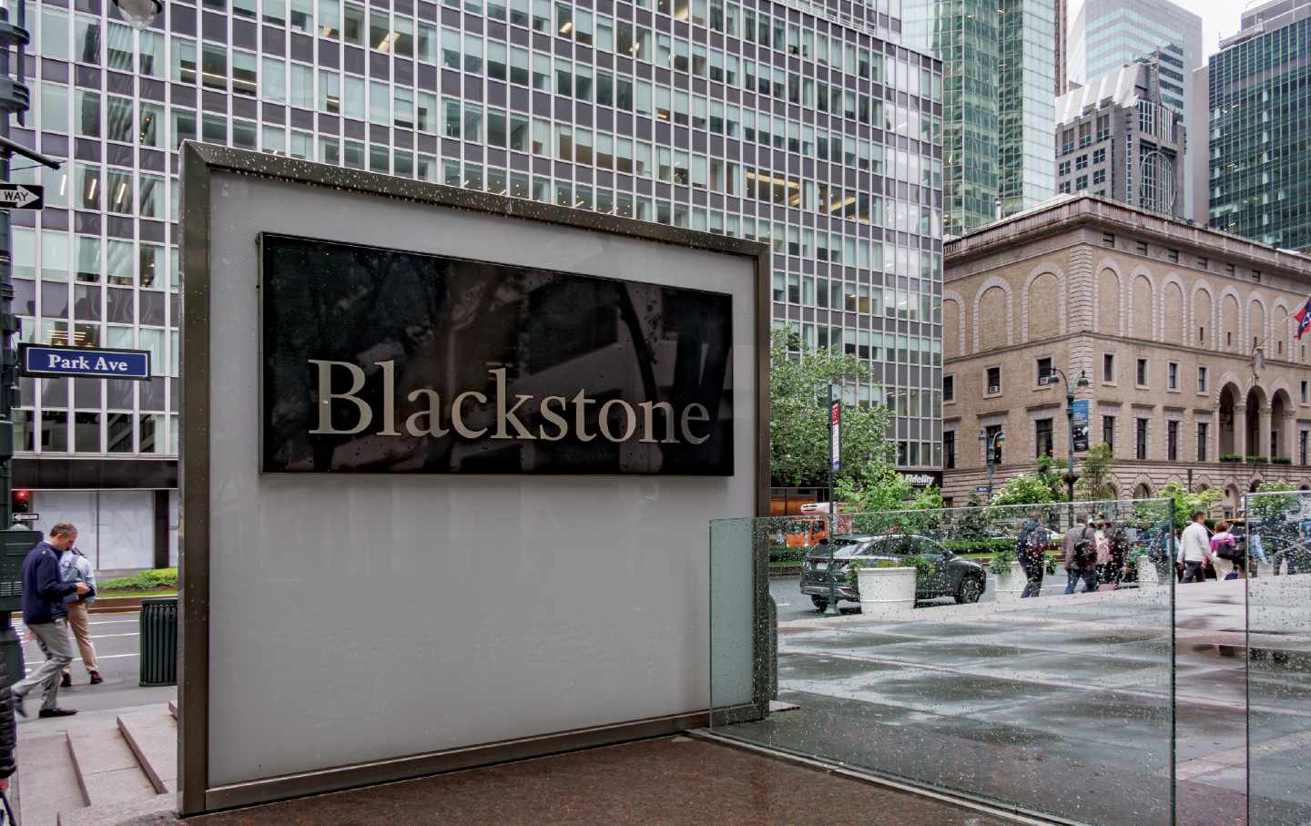 Sign at the entrance to the Blackstone offices in Midtown Manhattan.