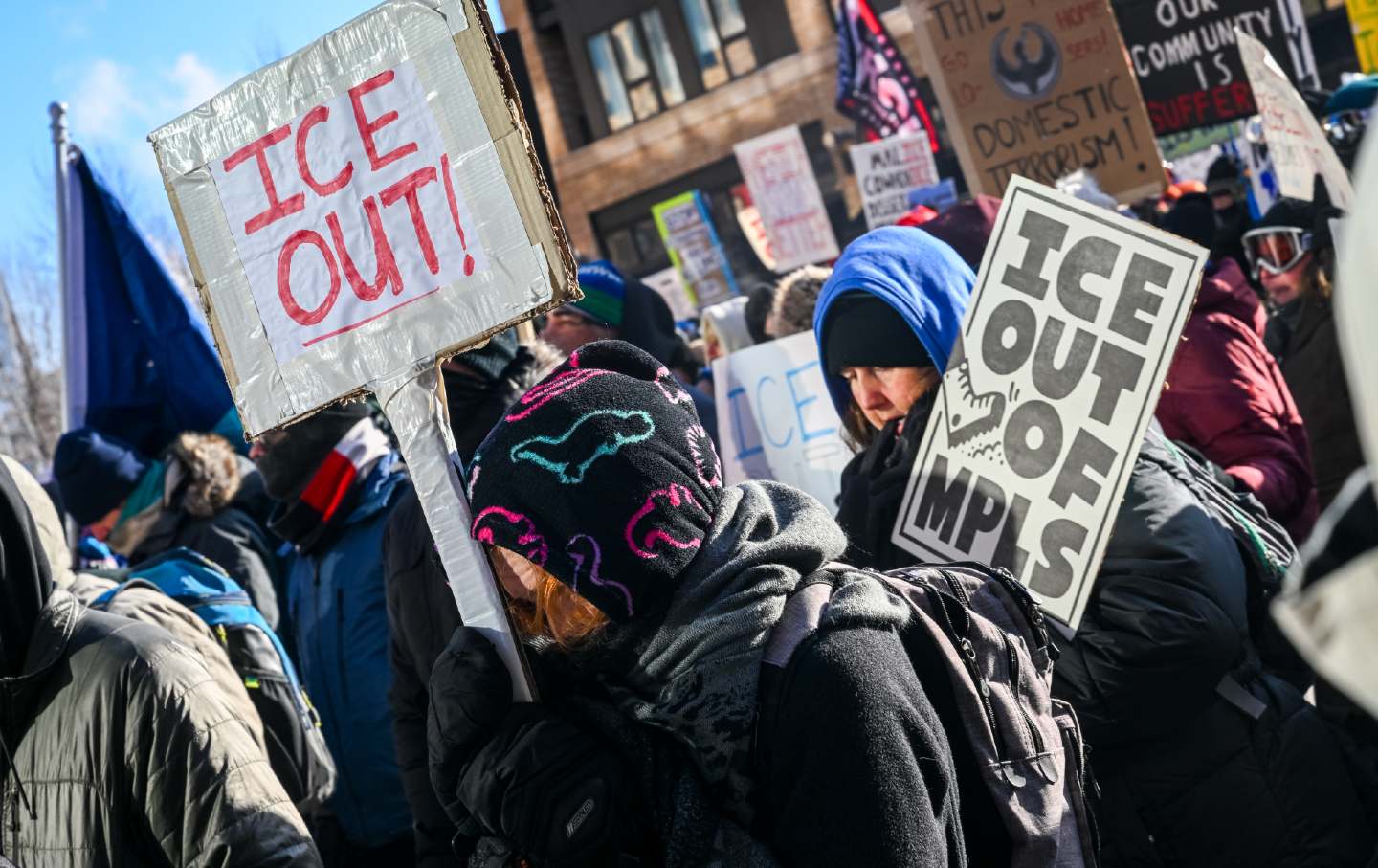Protesters at a January 23, 2026, “ICE Out” rally in Minneapolis, Minnesota.