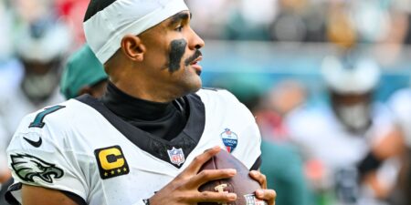 The Philadelphia Eagles's Jalen Hurts during the NFL match between the Eagles and the Jacksonville Jaguars at Tottenham Hotspur Stadium on October 11, 2026, in London, United Kingdom.