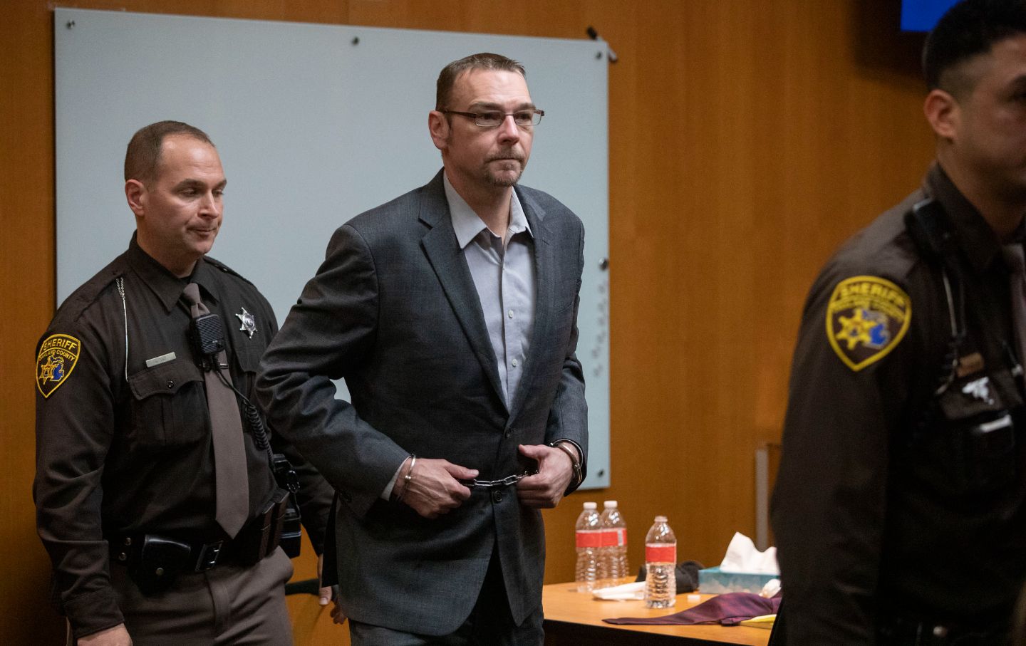 James Crumbley, father of Oxford High School school shooter Ethan Crumbley, exits the courtroom while the jury begins their deliberations during his trial on four counts of involuntary manslaughter for the deaths of four Oxford High School students who were shot and killed by his son, at Oakland County Circuit Court in Pontiac, Michigan.