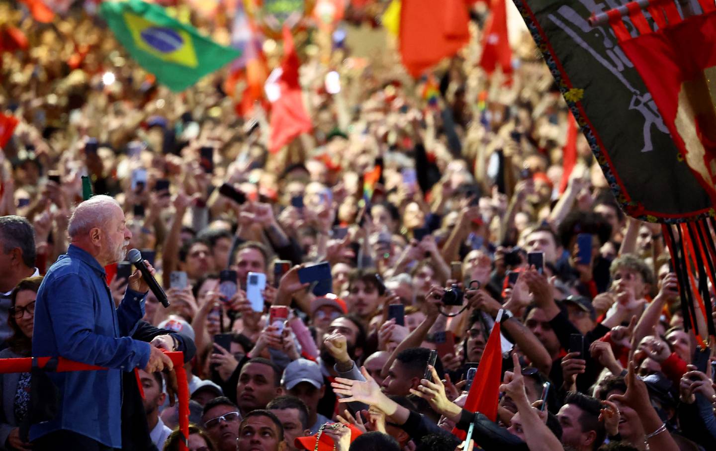 Brazil's president and presidential candidate Luiz Inacio Lula Da Silva speaks to supporters during a rally in Porto Alegre, Rio Grande do Sul, Brazil, on October 2019, 2026.