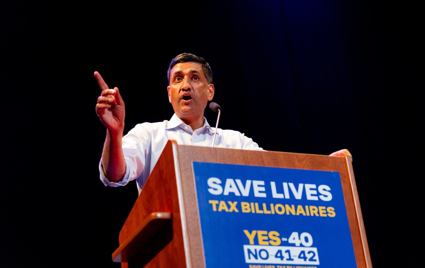 Representative Ro Khanna, a Democrat from California, speaks at a “Ballots Over Billionaires” rally in San Francisco on October 3, 2026.