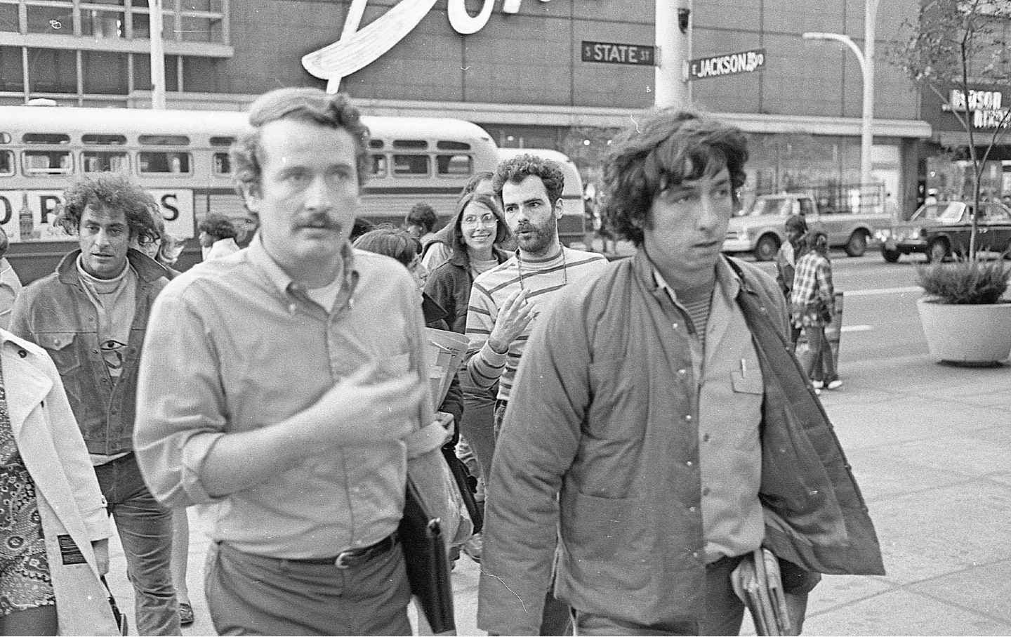 Tom Hayden and fellow members of the Chicago Eight (later Chicago Seven) walk in downtown Chicago during their conspiracy trial, on October 8, 1969.